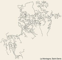 Naklejka premium Detailed hand-drawn navigational urban street roads map of the LA MONTAGNE QUARTER of the French city of SAINT-DENIS (LA RÉUNION), France with vivid road lines and name tag on solid background