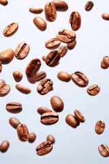 Falling coffee beans isolated on light background, AI generated content