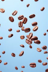 Falling coffee beans isolated on blue background, AI generated content