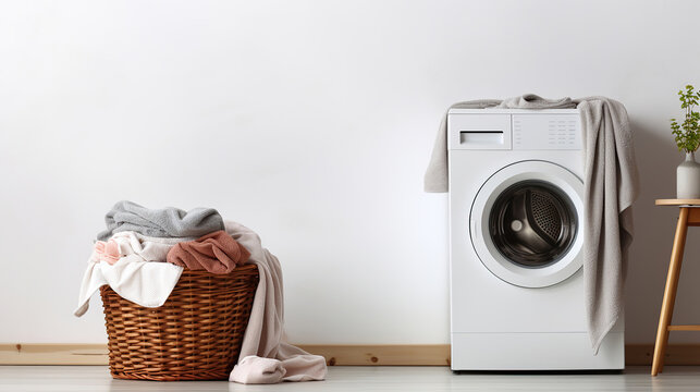 Washing Machine and Laundry Basket Against a White Wall