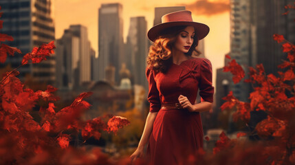 woman in a hat in dresses in autumn New York