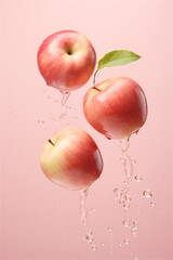 Red apples levitating on a pink pastel background. AI generated content
