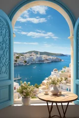 Fotobehang Open window with a view to a beautiful Greek scenery © MiraCle72