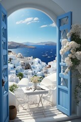Open window with a view to a beautiful Greek scenery