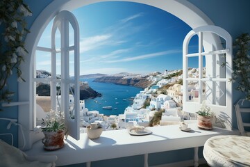 Open window with a view to a beautiful Greek scenery