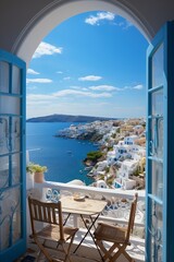 Open window with a view to a beautiful Greek scenery - obrazy, fototapety, plakaty
