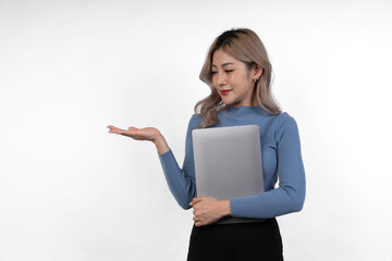 Naklejka premium Image of a happy and confident young beautiful businesswoman standing isolated on white background holding laptop computer showing happy various virtues gestures Motivation with startup business work