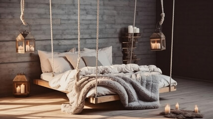 The bed suspended from the ceiling. Grey big cozy blanket knit. Scandinavian style, gray plaid, candles. Generative AI
