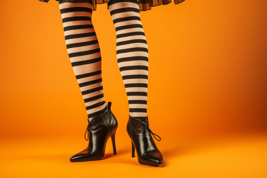 A fancy dress witch stood against an orange background wearing striped tights