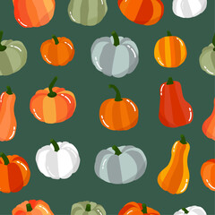 Sweet delicious pumpkins seamless pattern with green background. Hello autumn, thanksgiving background