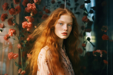 portrait of a woman/model/book character surrounded by flowers in warm daylight with a thoughtful expression in a fashion/beauty editorial magazine style film photography look - generative ai art