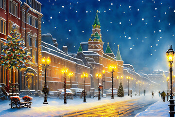 Watercolor illustration of Christmas Moscow.
