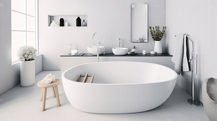 Obraz na płótnie Canvas Modern White Bathroom Interior Design. Elegant Bathtub Counter Body Skin Accessories Water Tap Facility. Beauty Cosmetic Products. Generative AI