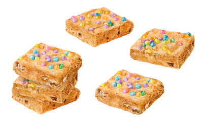Watercolor illustration of Cosmic Blondies sugar cookies, with rainbow sprinkles isolated on a white background