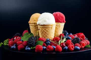 Ice cream cone with an assortment of fruits and ice cream flavors, rotating on a table. Homemade raspberry and vanilla ice cream in cups. Food and advertising concept