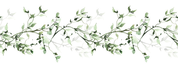 Obraz na płótnie Canvas Watercolor painted greenery seamless frame. Green wild plants, branches, leaves and twigs. Isolated clipart.