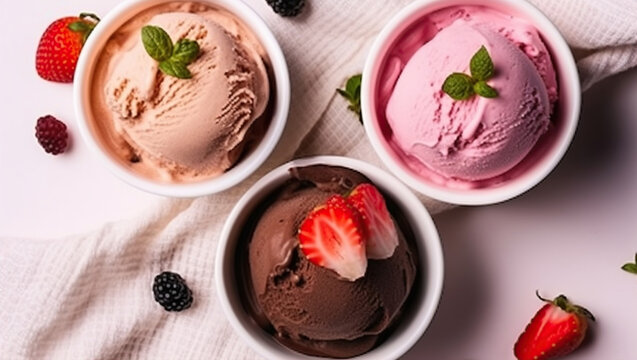 Three Different Ice Cream Dessert in Cup. Top Down View. Brown White and Pink Gelato Color Mix. Variety Flavors Set of Soft Frozen Creamy Snack, Generative AI