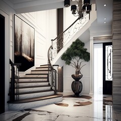 The interior design of the modern entrance hall with a staircase in the villa generative ai