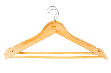 The Wooden coat hanger isolated against bright white background. Save clipping path.