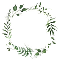 Watercolor greenery frame. Wild green, emerald fern branches, leaves and twigs wreath. Isolated clipart.