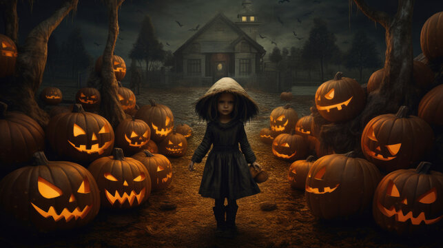 Frightening Halloween scene, scary picture background. Girl in the field with pumpkins AI generated