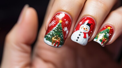 Christmas manicure on a woman's hands, where vibrant red and green colors, along with charming holiday designs, create a merry and stylish look. AI generated