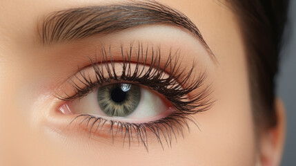 Obraz premium A close-up view revealing the artistry of lash technicians, as they skillfully enhance a woman's eye with eyelash extensions, creating a stunning and captivating appearance. AI generated