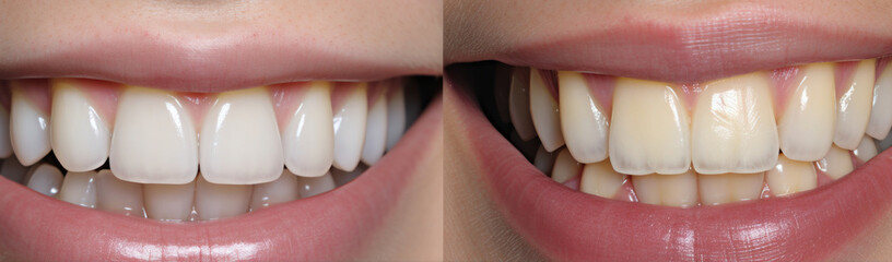 An up-close view of teeth exhibiting visible yellow stains, emphasizing the importance of dental hygiene practices AI generated