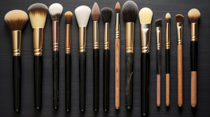 A close-up view of makeup brushes, featuring soft and durable bristles that guarantee a comfortable and effective application of cosmetics, enhancing beauty routines with ease. AI generated