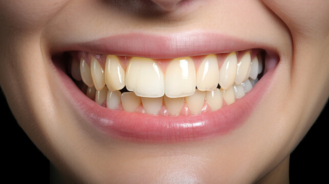 A close-up image of yellow teeth, highlighting the need for dental care and teeth whitening. AI generated