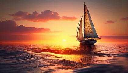 Abwaschbare Fototapete Lachsfarbe Sunset sailboat on the ocean.