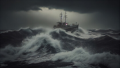 fishing boat navigating during a storm - obrazy, fototapety, plakaty