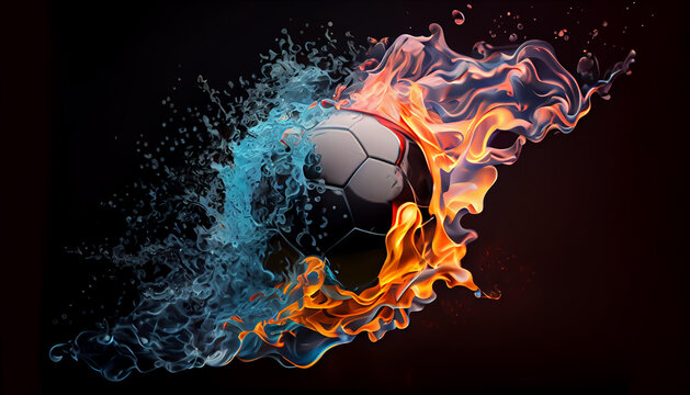 Soccer ball in fire and water. Illustration of the soccer ball enveloped in elements on black background. High resolution soccer ball in fire and water image for a soccer game poster..