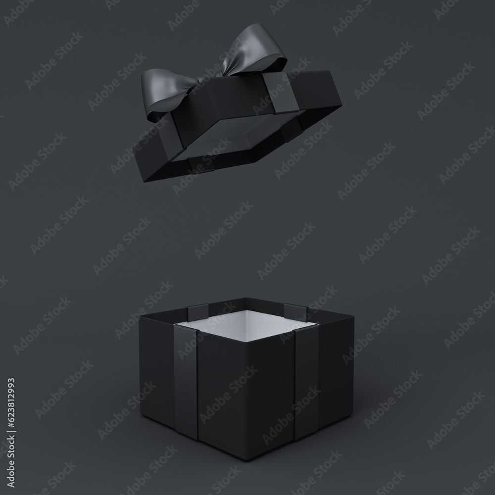 Poster blank opening black present box or black gift box with black ribbons and bow isolated on dark backgr