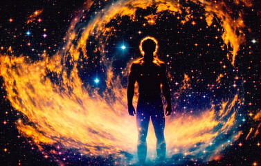 Man silhouette in space with stars and nebula. The concept of God in the image of a man against the background of the universe. Generative AI.