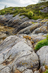 vertical view of rocky Scandinavian seashore on sunny day