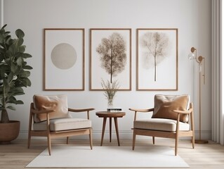 Two armchairs in a room with a white wall and a big frame poster on it generative ai