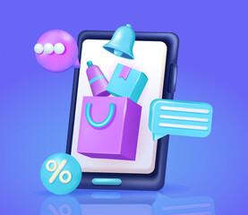 Online shopping bag and product purchase from 3d vector smartphone screen, with promotional elements and notification bells. online shopping via smartphone. Suitable for e-commerce retail stores