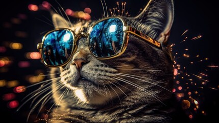 Cool bossy funny cat with sunglasses on black firework party background. Generative AI.