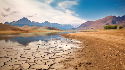 Fototapeta na wymiar A Landscape of Mountains, Lake, and a Dried Desert Symbolizing the Urgency of Addressing Global Climate Change. Generative AI
