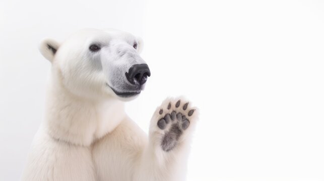 Funny polar bear waving his paw in greeting with copy space isolated on white. Generative AI.