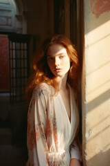 Fototapeta premium portrait of a woman/model/book character standing by a window in warm daylight with a thoughtful/sad expression in a fashion/beauty editorial magazine style film photography look - generative ai art