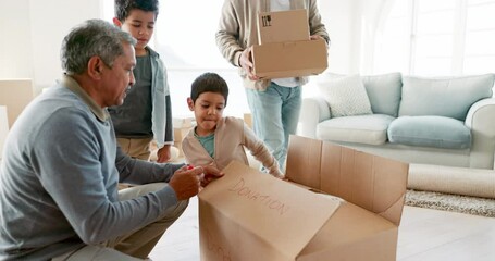 Family, boxes and kids with writing, moving or donation with planning, cleaning or sorting for charity in home. Senior man, boy children and pen to label cardboard package for kindness in living room