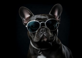 Funny black bossy dog with sunglasses on black background. Generative AI.