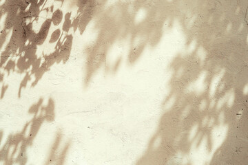 Abstract tree leaves shadows on brown concrete wall texture with roughness and irregularities....
