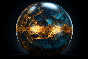 Blue and golden abstract sphere in space, Glowing planet on black background, 3D rendering,  generative AI
