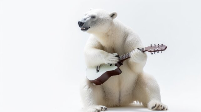 Funny polar bear playing the guitar on white background. Generative AI.