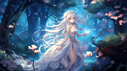 Fototapeta na wymiar An elegant anime girl with long silver hair, a flowing white dress, and piercing blue eyes. She holds a delicate silver staff adorned with glowing crystals