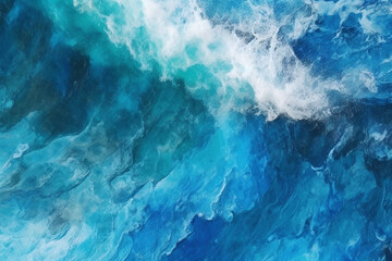 Fototapeta na wymiar Aerial view to blue ocean waves with white waves crashing seashore beach