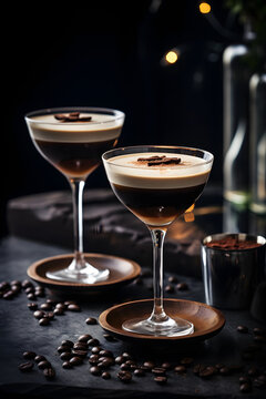 espresso martini cocktail in a fancy elegant glass with coffee beans in a table.